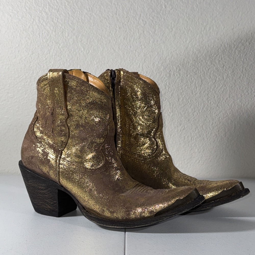 Old Gringo Toluca Metallic Gold Distressed Ankle Cowboy Boots 8.5 B Line Dancing
